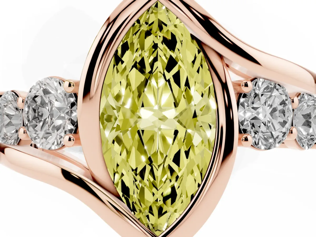 Fancy Yellow Bezel Set Marquise Cut Diamond Bypass Ring with Round Accents Rose gold