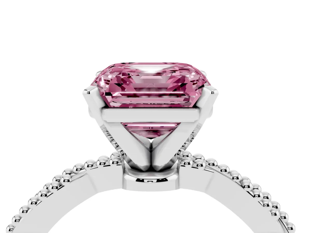 Fancy Pink Asscher Cut Solitaire Twisted Band with Bead Prong Setting Silver