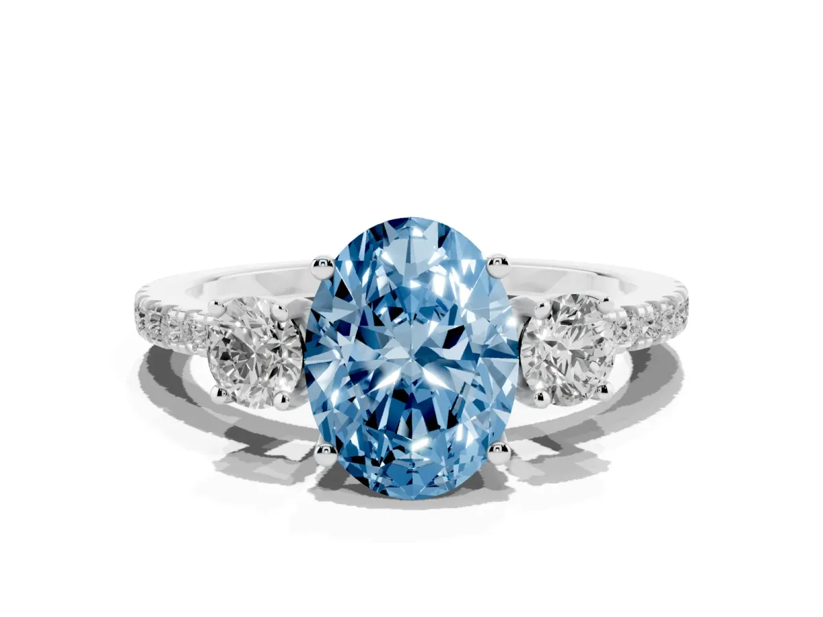 Fancy Blue Three-Stone Oval Cut Cut Diamond Pavé Band with Prong Setting Platinum