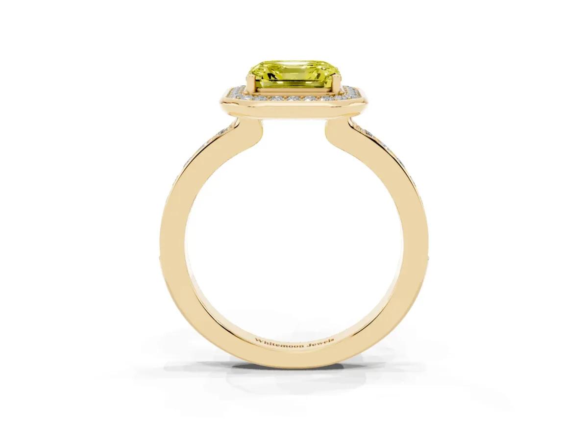 Fancy Yellow Asscher Cut Diamond Halo Ring with Bezel Frame and Pavé Band Yellow gold