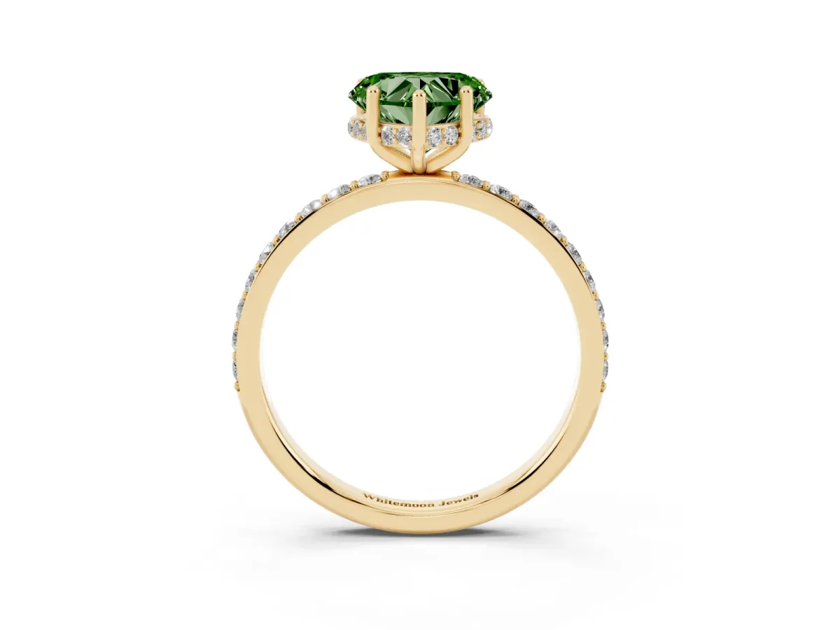 Fancy Green Heart Cut Diamond Solitaire Ring with Pavé Band and Hidden Halo Yellow gold