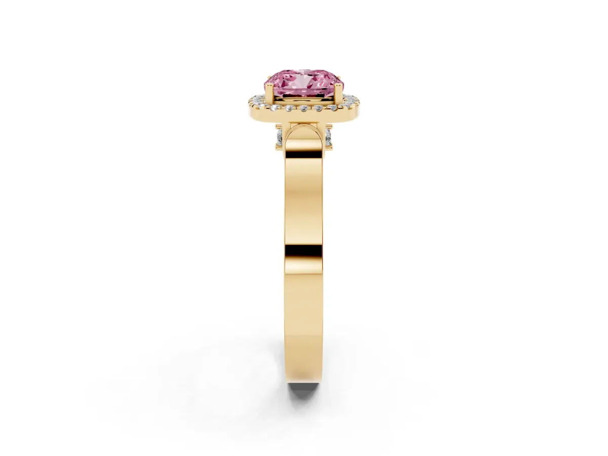 Fancy Pink Cushion Cut Halo Pave Split Shank Prong Setting Ring Yellow gold