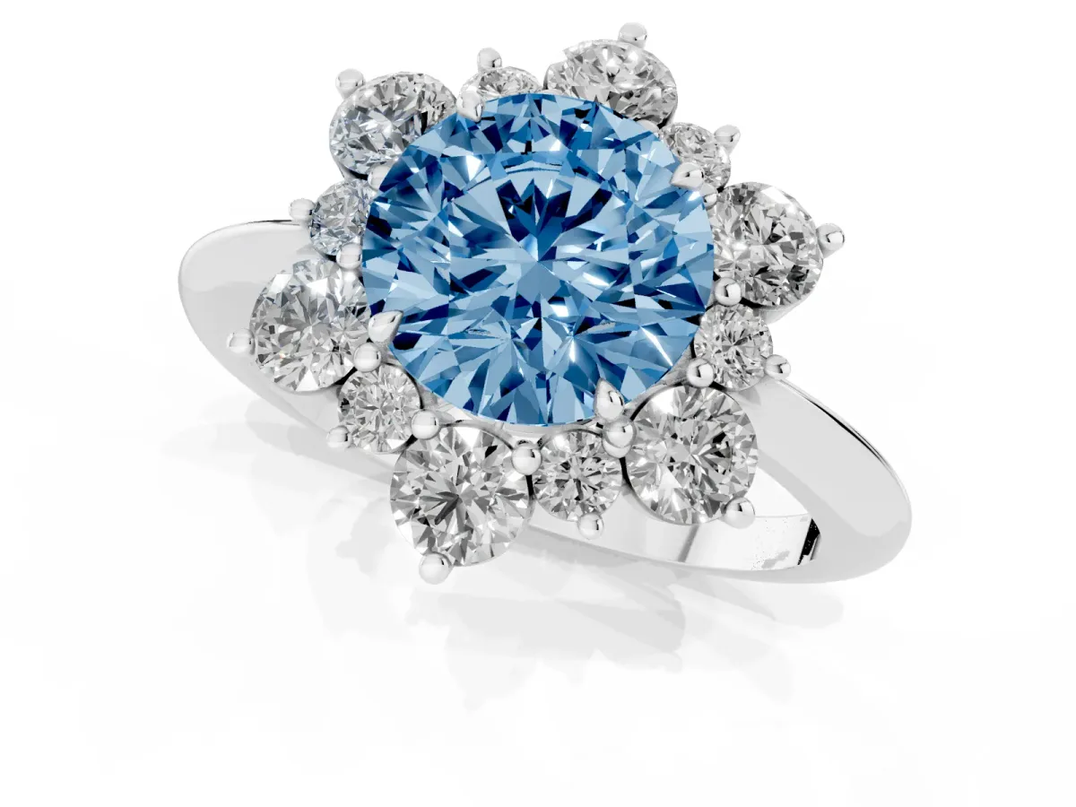 Fancy Blue Round Cut Diamond Cluster Halo Ring with Solitaire Band and Four-Prong Setting Silver
