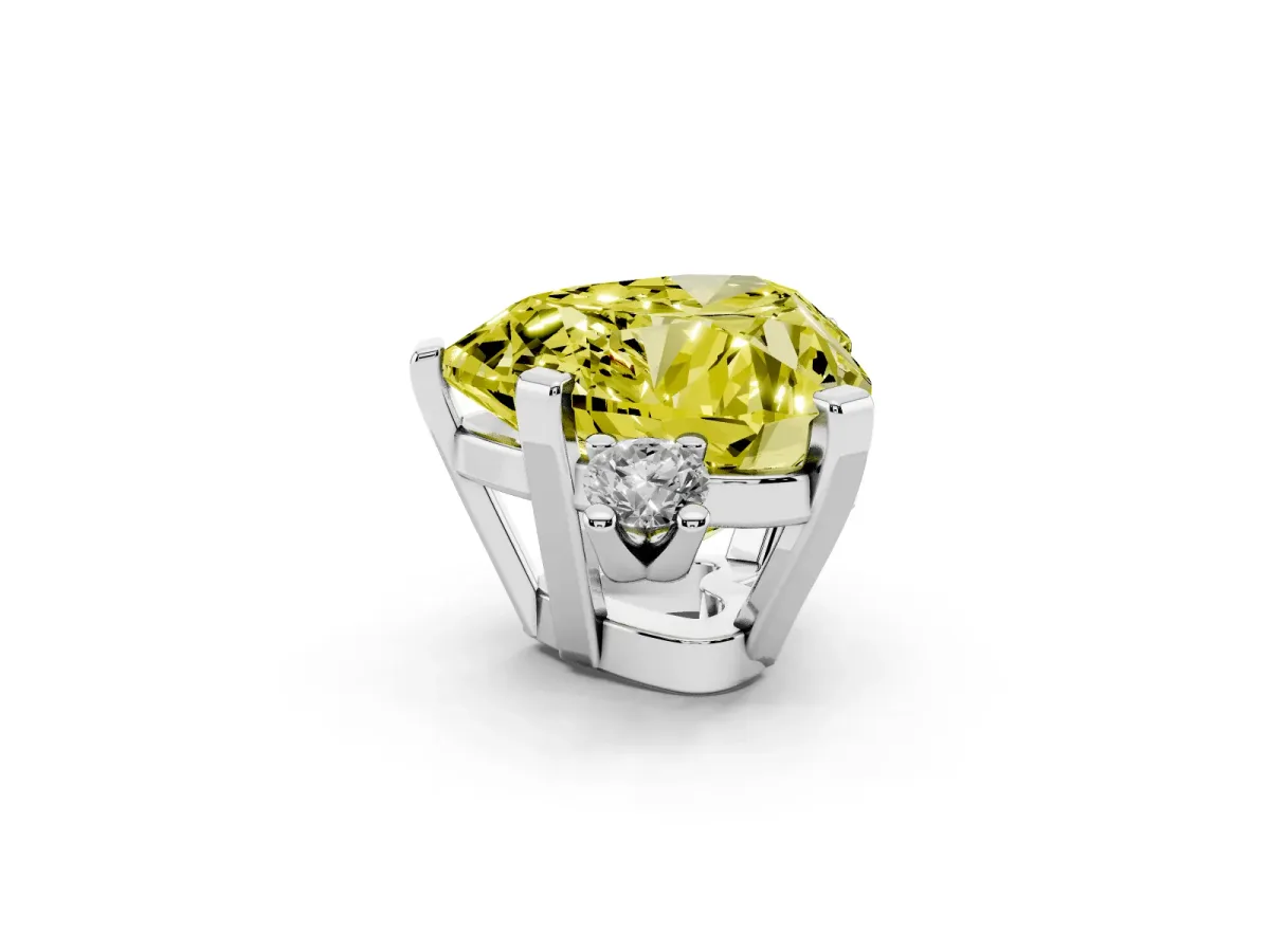 Fancy Yellow Heart Cut Cut Three-Stone Solitaire Ring with Round Accent Diamonds and Four-Prong Setting Silver