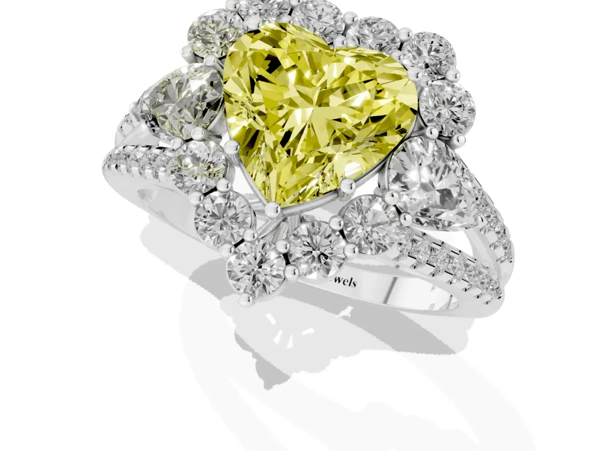 Fancy Yellow Heart Cut Halo Split Shank Diamond Engagement Ring with Prong Setting Silver