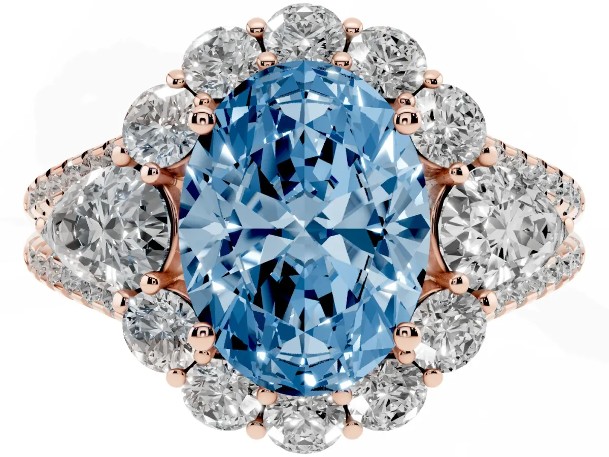 Fancy Blue Oval Cut Halo Split Shank Diamond Engagement Ring with Prong Setting Rose gold