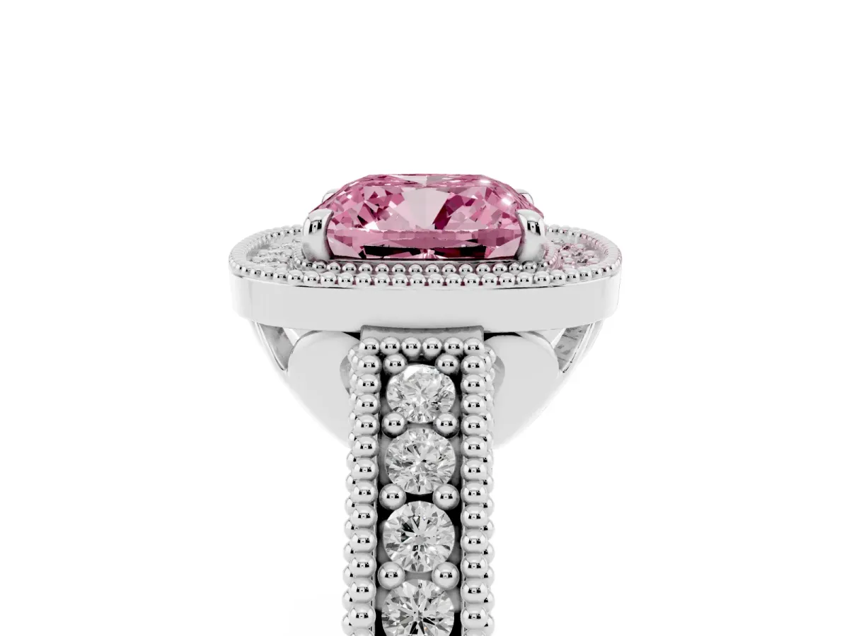 Fancy Pink Cushion Cut Cut Halo Diamond Ring with Pavé Band and Four-Prong Setting Platinum
