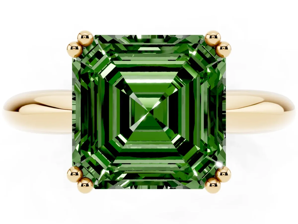 Fancy Green Asscher Cut Cut Solitaire Engagement Ring with Tapered Band and Four-Prong Setting Yellow gold