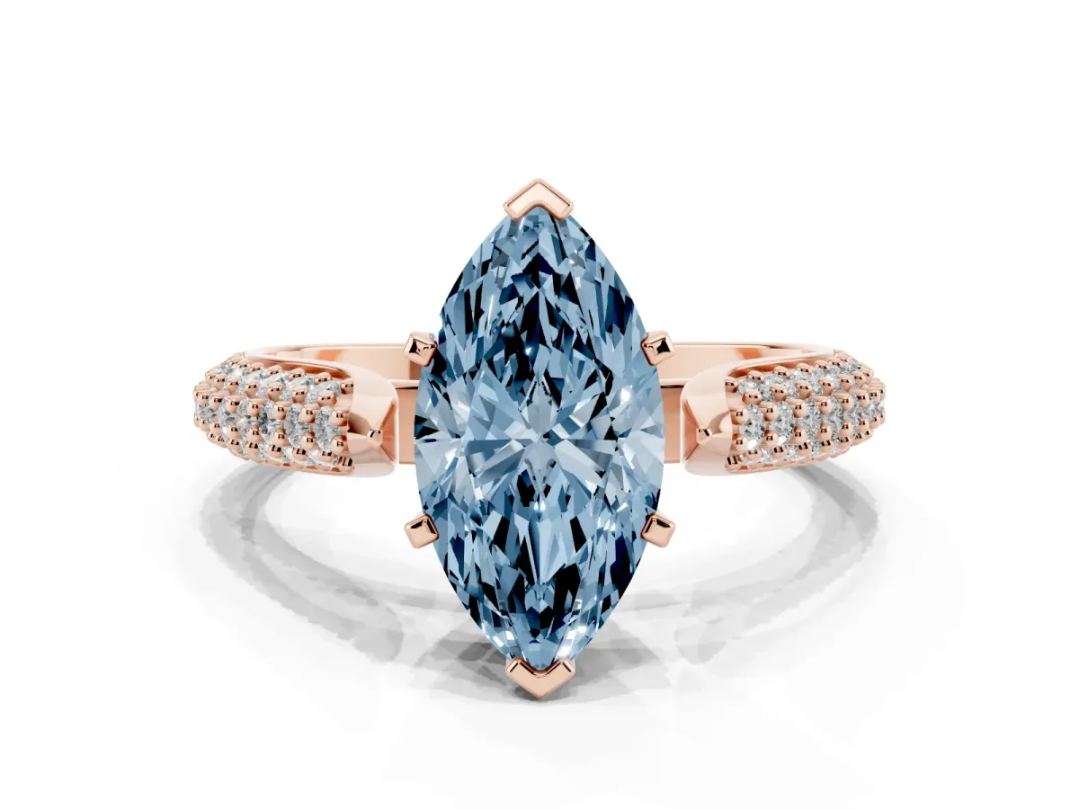 Fancy Blue Marquise Cut Diamond Solitaire Engagement Ring with Multi-Row Round Pavé Band and Prong Setting Rose gold