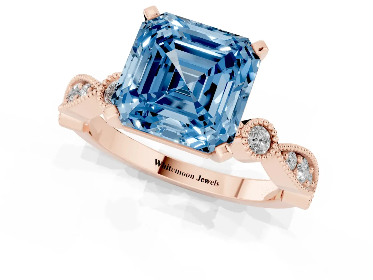 Fancy Blue Asscher Cut Milgrain Bezel Diamond Engagement Ring with Solitaire Prong Setting Rose gold