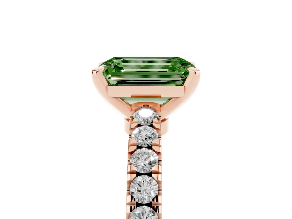 Fancy Green Emerald Cut Solitaire Diamond with Pavé Band and Four-Prong Setting Rose gold