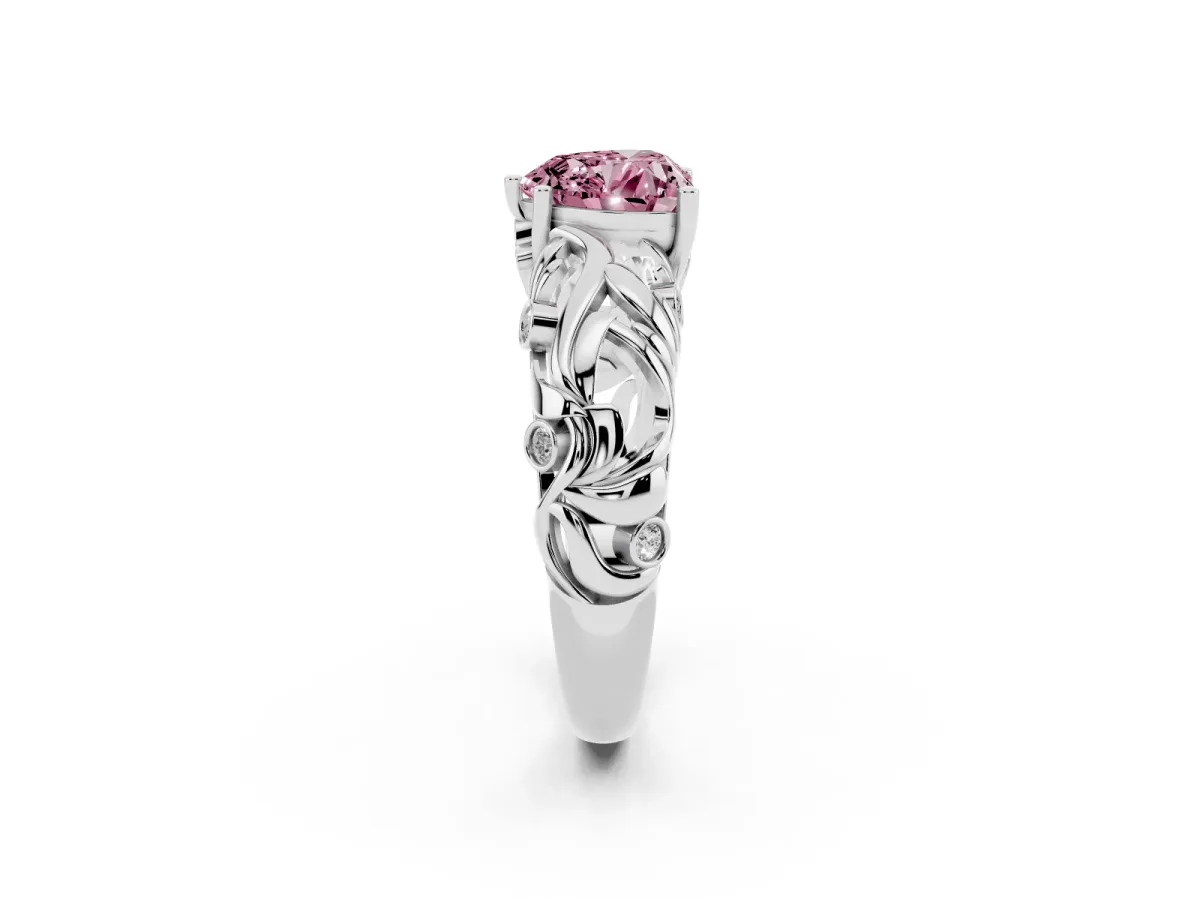 Fancy Pink Heart Cut Solitaire Diamond Leaf-Inspired Vine Band Ring with Prong Setting Platinum