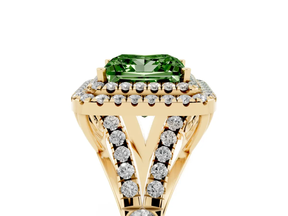Fancy Green Princess Cut Diamond Double Halo Ring with Split Shank and Prong Setting Yellow gold