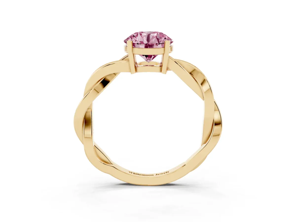 Fancy Pink Round Cut Solitaire Twisted Pave Diamond Ring with Four-Prong Setting Yellow gold