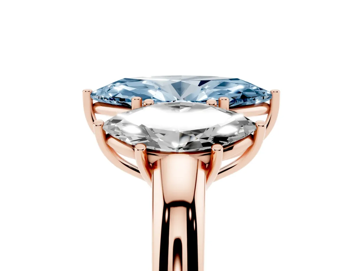 Fancy Blue Marquise Cut Diamond Three-Stone Ring with Four-Prong Setting and Classic Band Rose gold