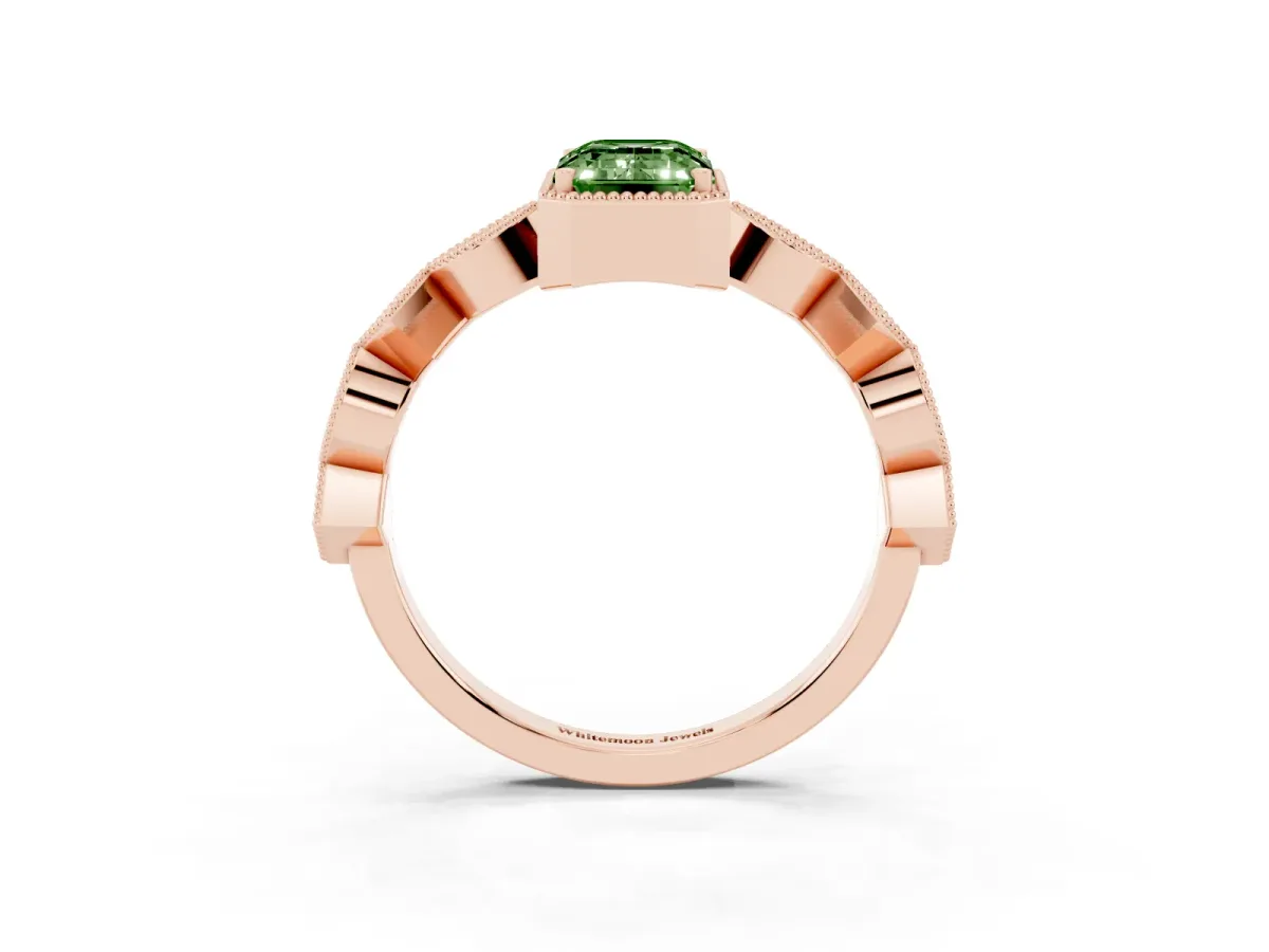 Fancy Green Emerald Cut Milgrain Marquise Diamond Twist Band Ring Rose gold