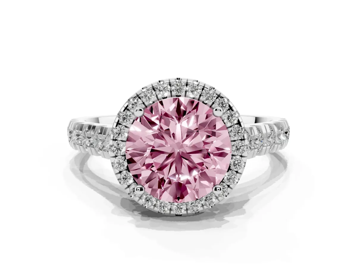Fancy Pink Round Cut Halo Pavé Diamond Engagement Ring with Four-Prong Setting Platinum