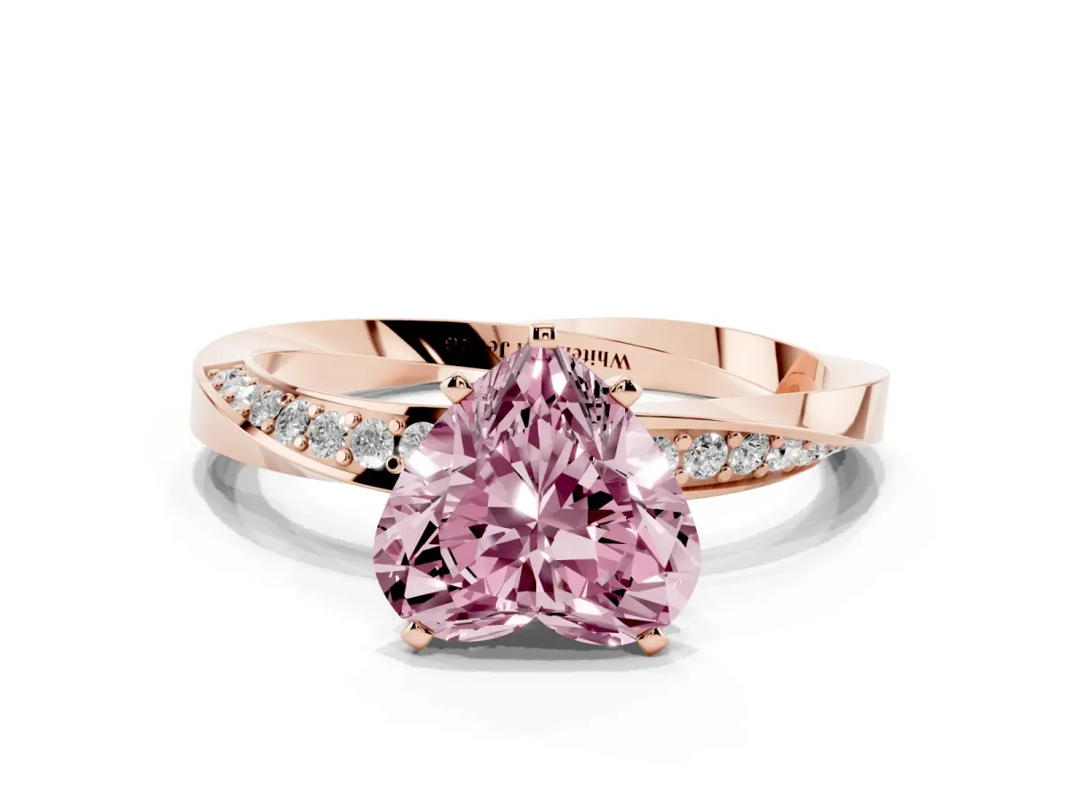Fancy Pink Heart Cut Diamond Engagement Ring with Side Stone Accents and Four-Prong Setting Rose gold