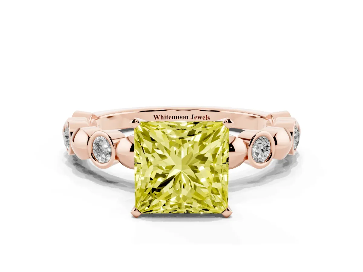 Fancy Yellow Princess Cut Solitaire Bezel-Set Diamond Ring with Beaded Band and Four-Prong Setting Rose gold