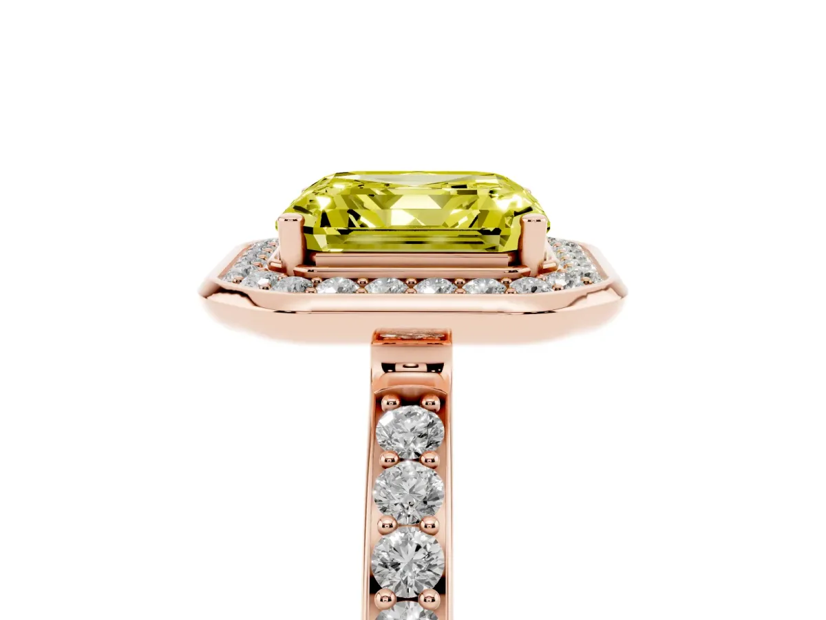 Fancy Yellow Asscher Cut Diamond Halo Ring with Bezel Frame and Pavé Band Rose gold