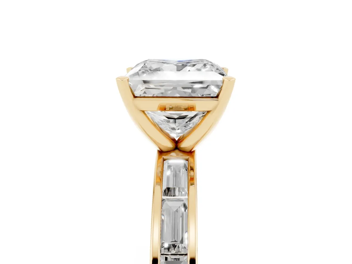 Princess Cut Solitaire Diamond Ring with Channel-Set Baguette Band and Four-Prong Setting Yellow gold