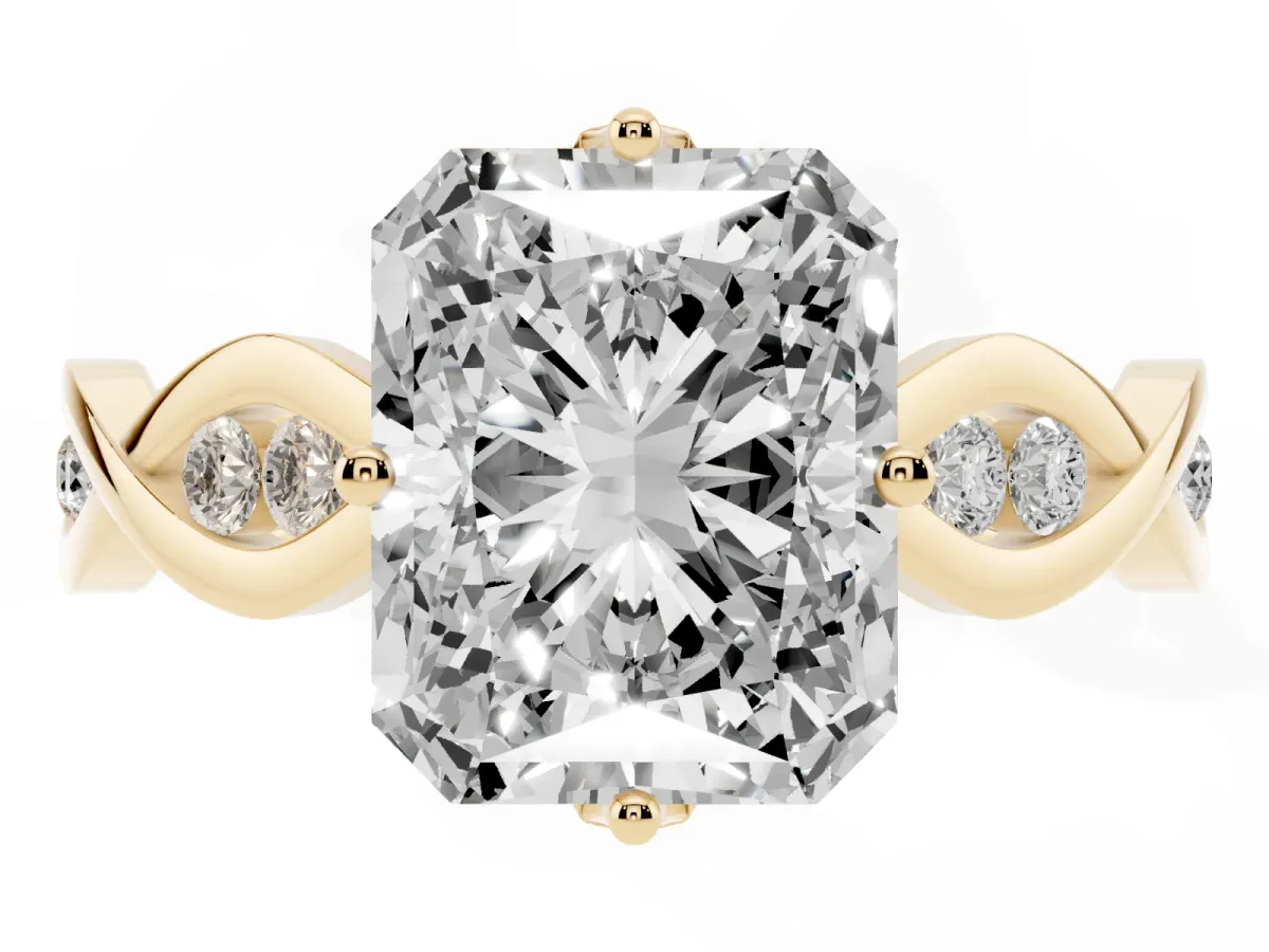 Radiant Cut Solitaire Twist Band with Leaf Prong Setting Yellow gold