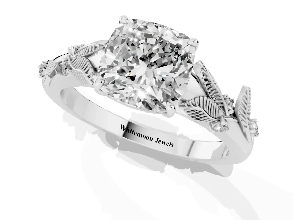 Cushion Cut Diamond Solitaire Ring with Leaf Motif Band and Four-Prong Setting Silver