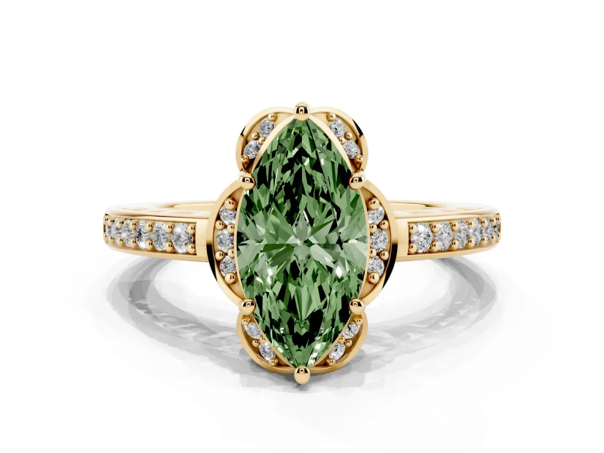 Fancy Green Marquise Cut Cut Halo Diamond Ring with Channel Set Band and Four-Prong Setting Yellow gold