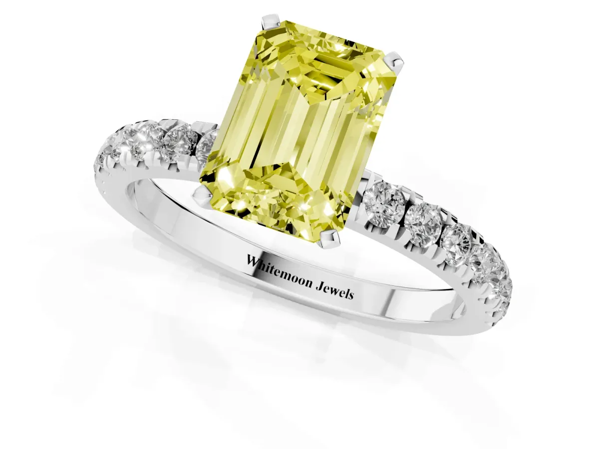 Fancy Yellow Emerald Cut Diamond Solitaire Ring with Pavé Accents and Four-Prong Setting Silver