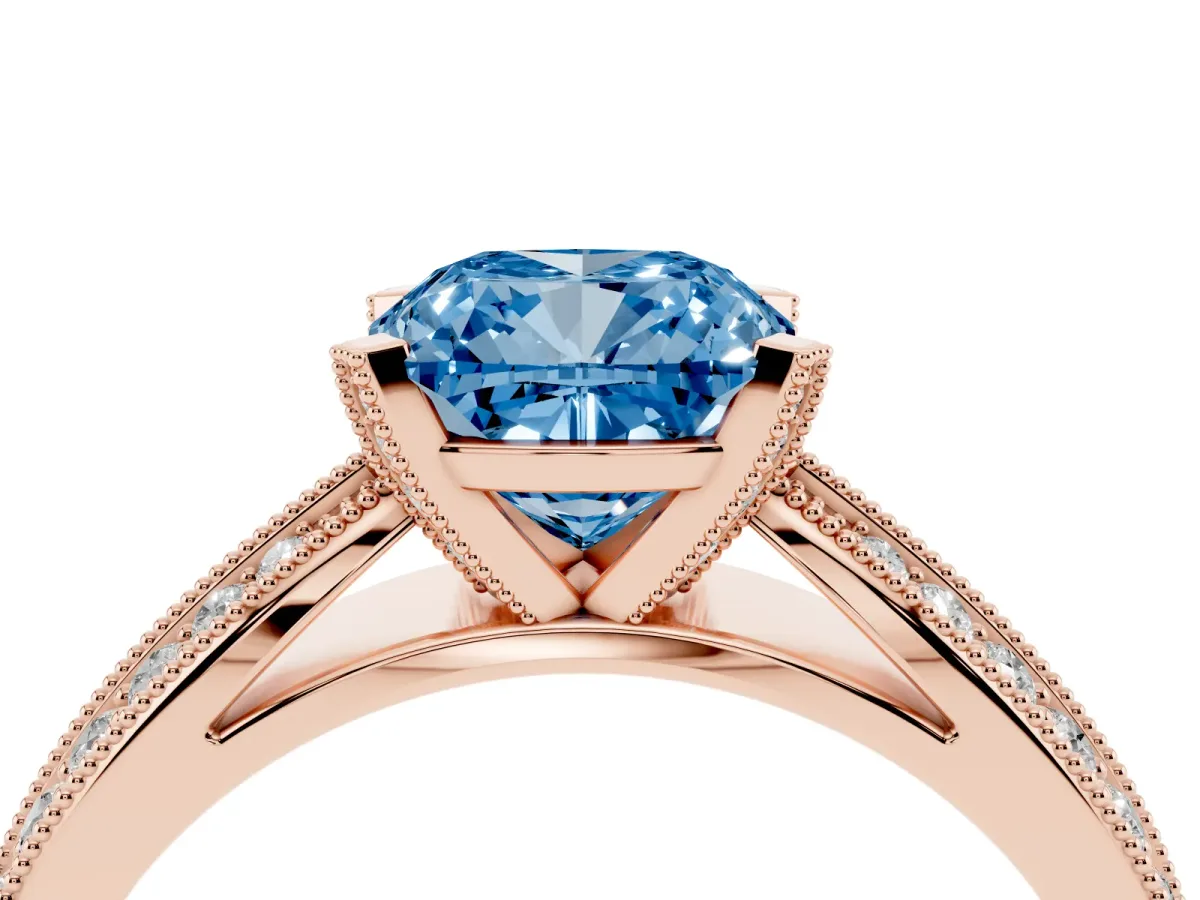Fancy Blue Cushion Cut Diamond Solitaire Ring with Milgrain Round Pavé Band and Prong Setting Rose gold