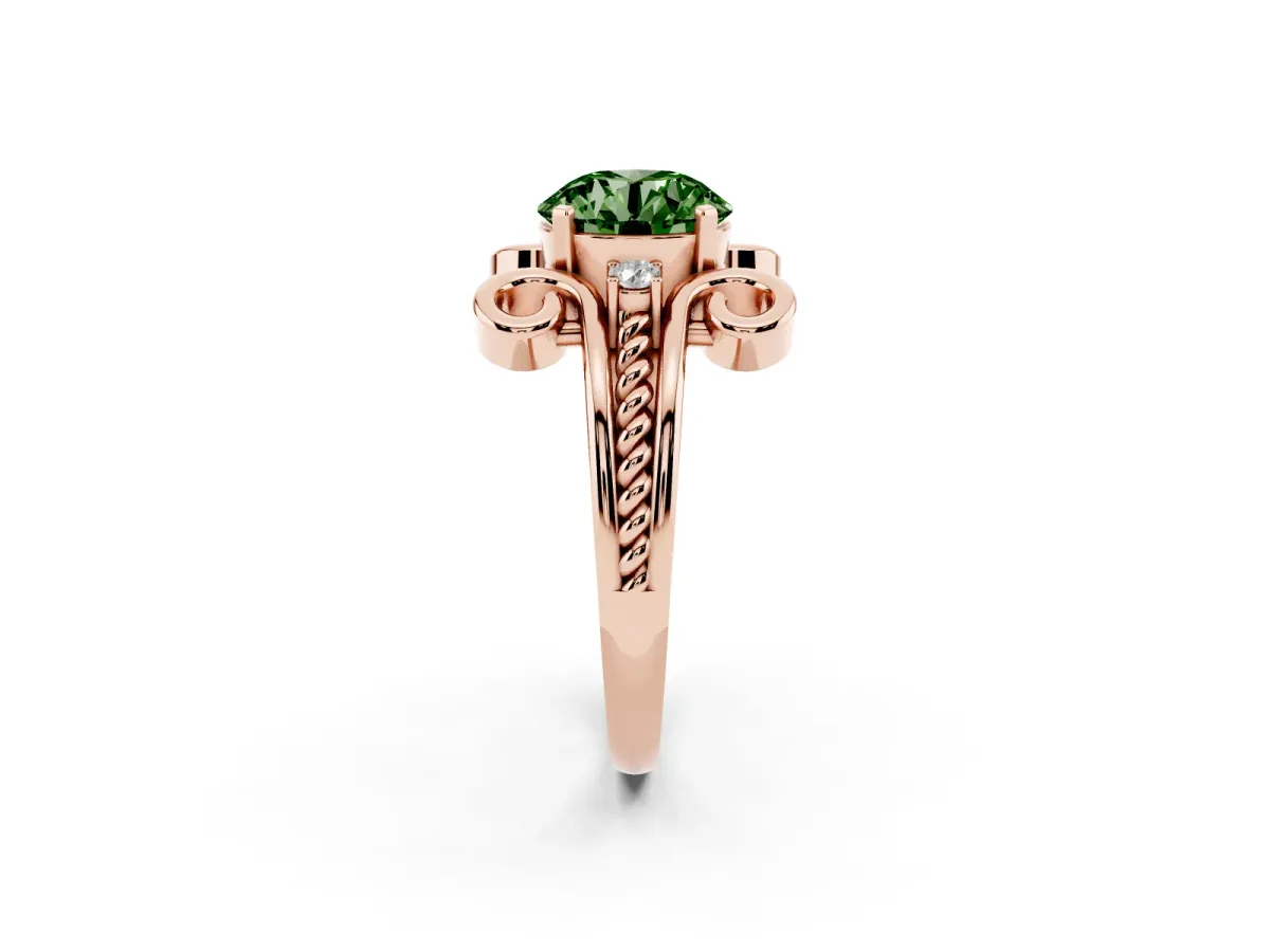 Fancy Green Round Cut Solitaire Twisted Band Scroll Prong Ring Rose gold