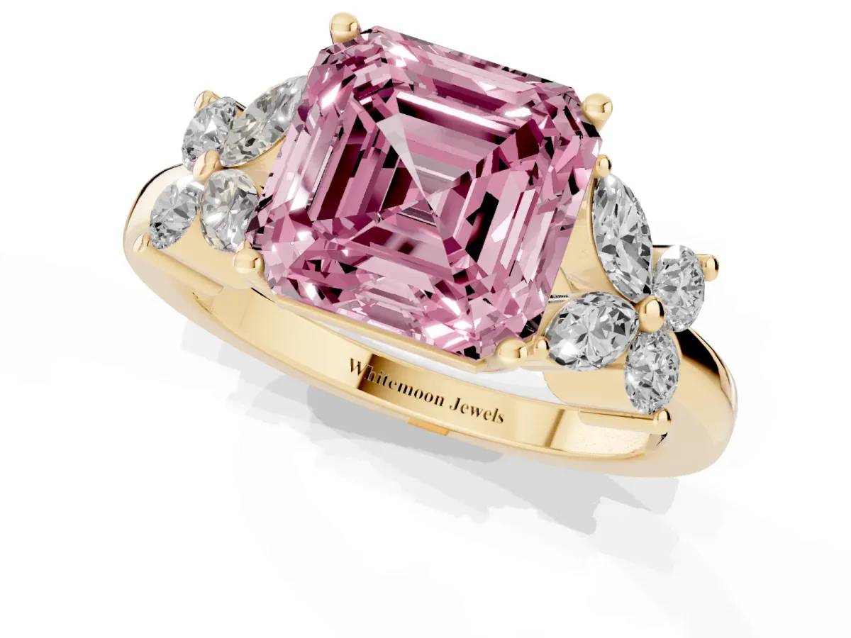 Fancy Pink Asscher Cut Diamond Floral Cluster Ring with Solitaire Band and Prong Setting Yellow gold