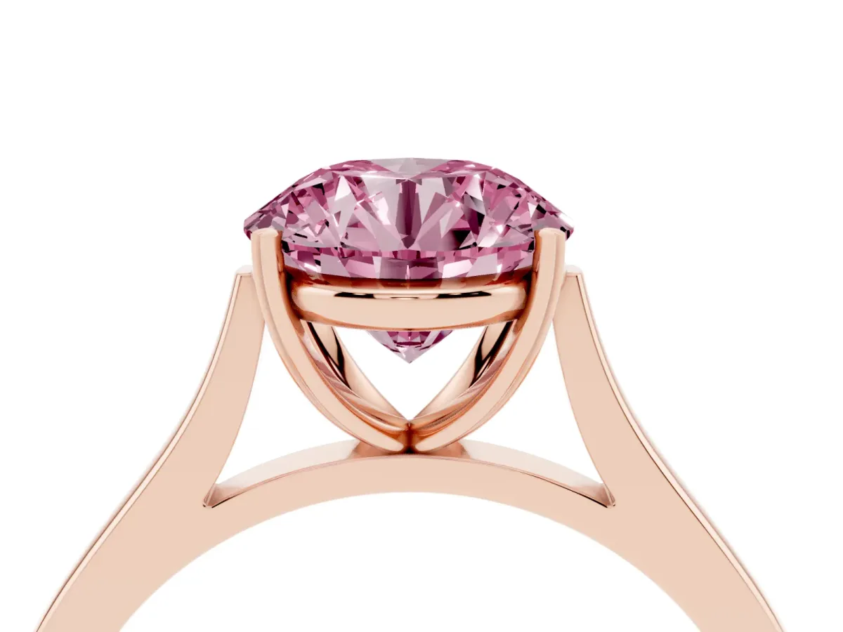 Fancy Pink Round Cut Solitaire Heart Prong Engagement Ring with Tapered Band Rose gold