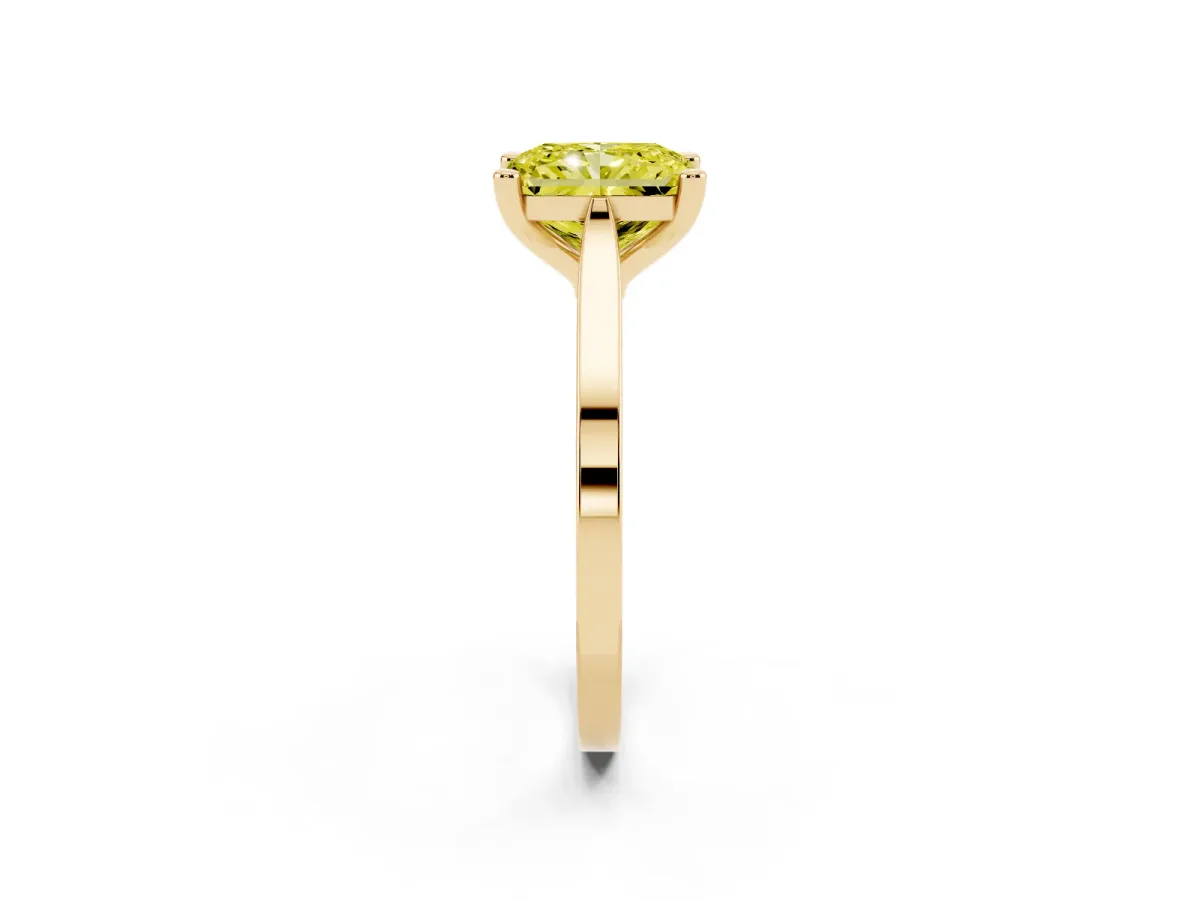 Fancy Yellow Radiant Cut Solitaire Diamond Ring with Four-Prong Setting and Tapered Band Yellow gold