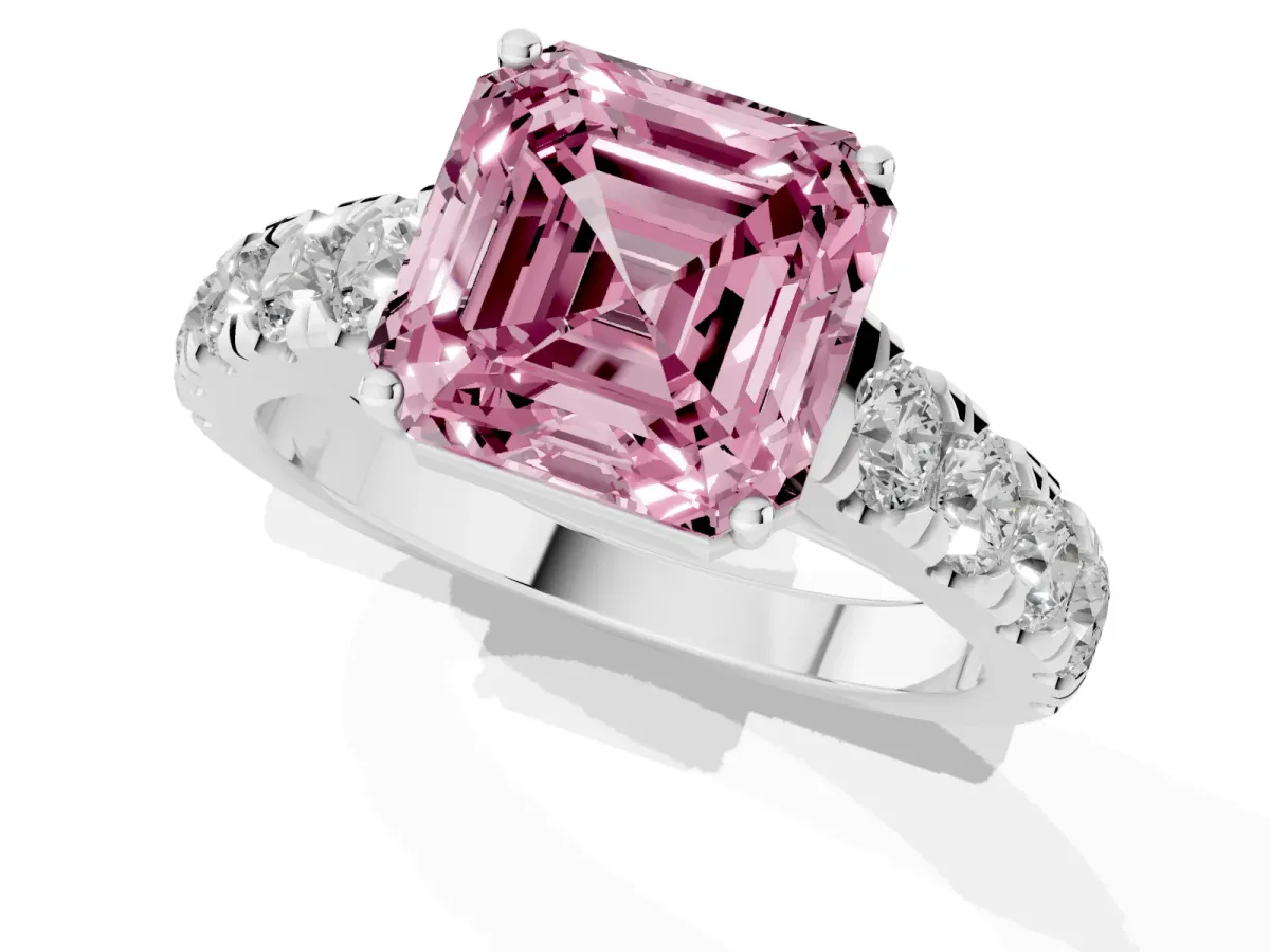 Fancy Pink Asscher Cut Cut Diamond Solitaire Ring with Micro Pave Band and Prong Setting Silver