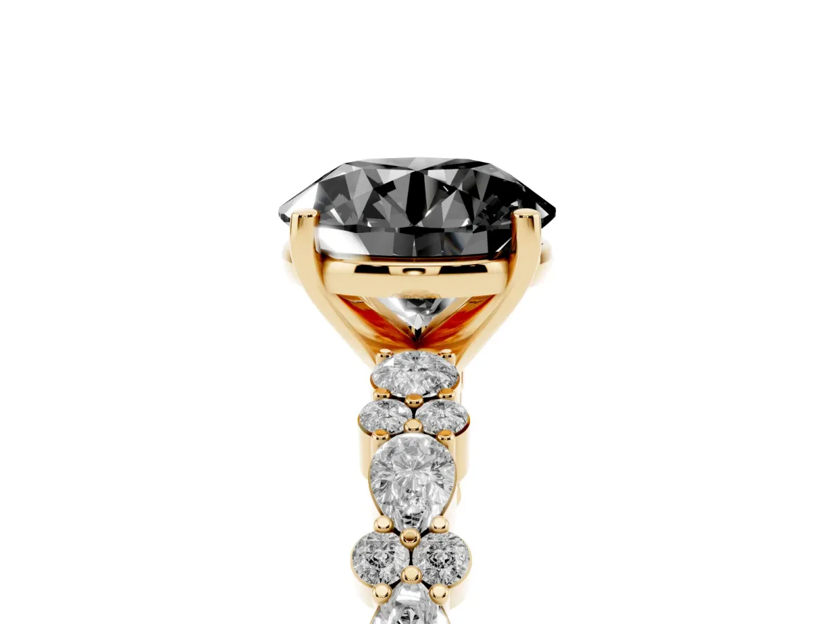 Fancy Black Round Cut Diamond Side Stone Solitaire Ring with Round and Four-Prong Setting Yellow gold