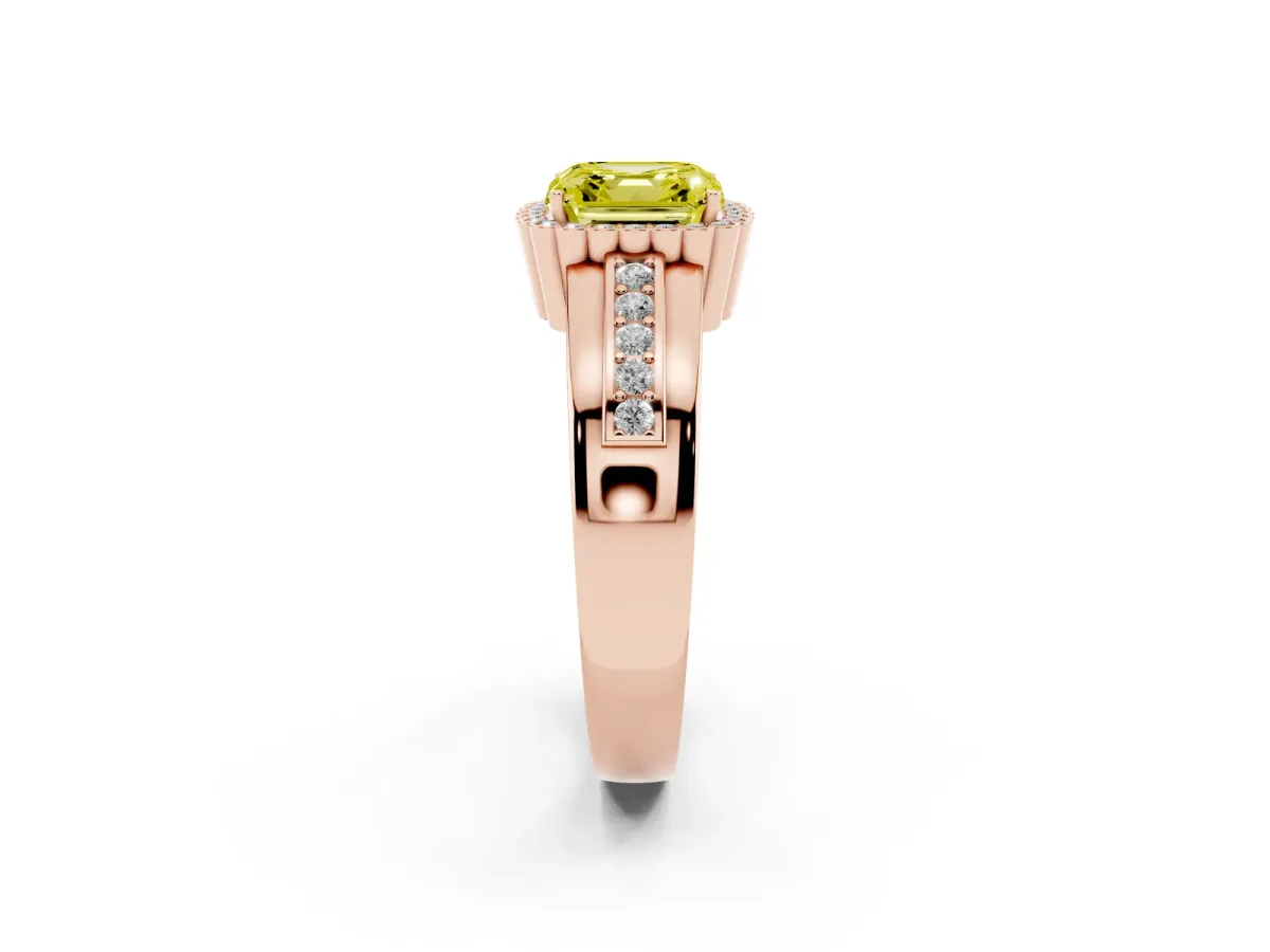Fancy Yellow Asscher Cut Cut Halo Pave Band Four-Prong Ring Rose gold