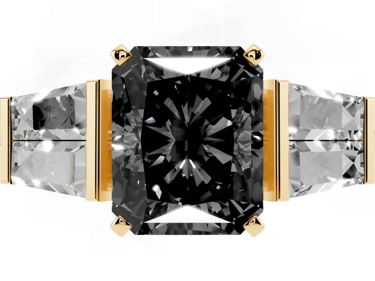 Fancy Black Radiant Cut Diamond Engagement Ring with Baguette Side Stones and Channel Set Band Yellow gold