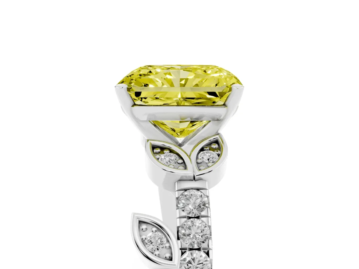 Fancy Yellow Radiant Cut Solitaire Leaf-Inspired Diamond Ring with Pavé Band and Four-Prong Setting Silver
