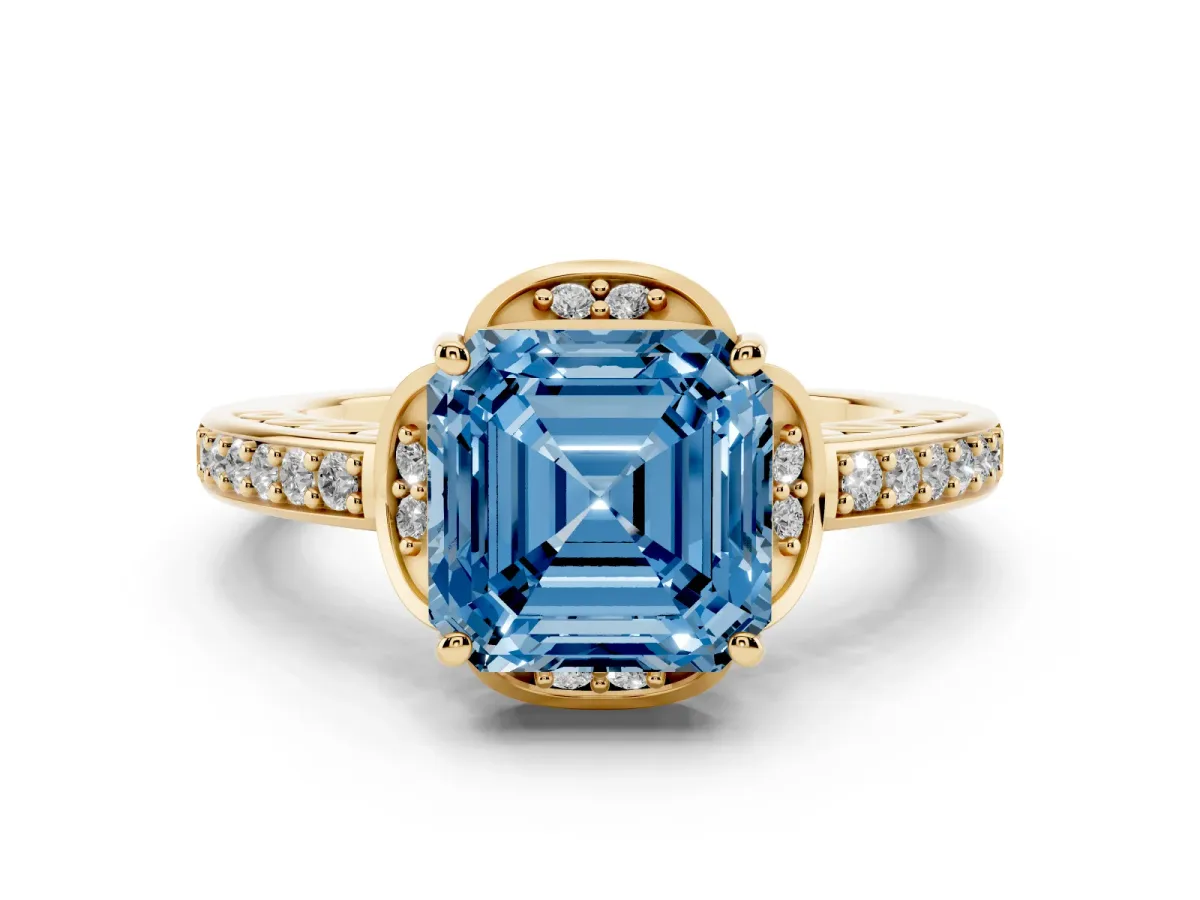 Fancy Blue Asscher Cut Cut Halo Diamond Ring with Channel Set Band and Four-Prong Setting Yellow gold