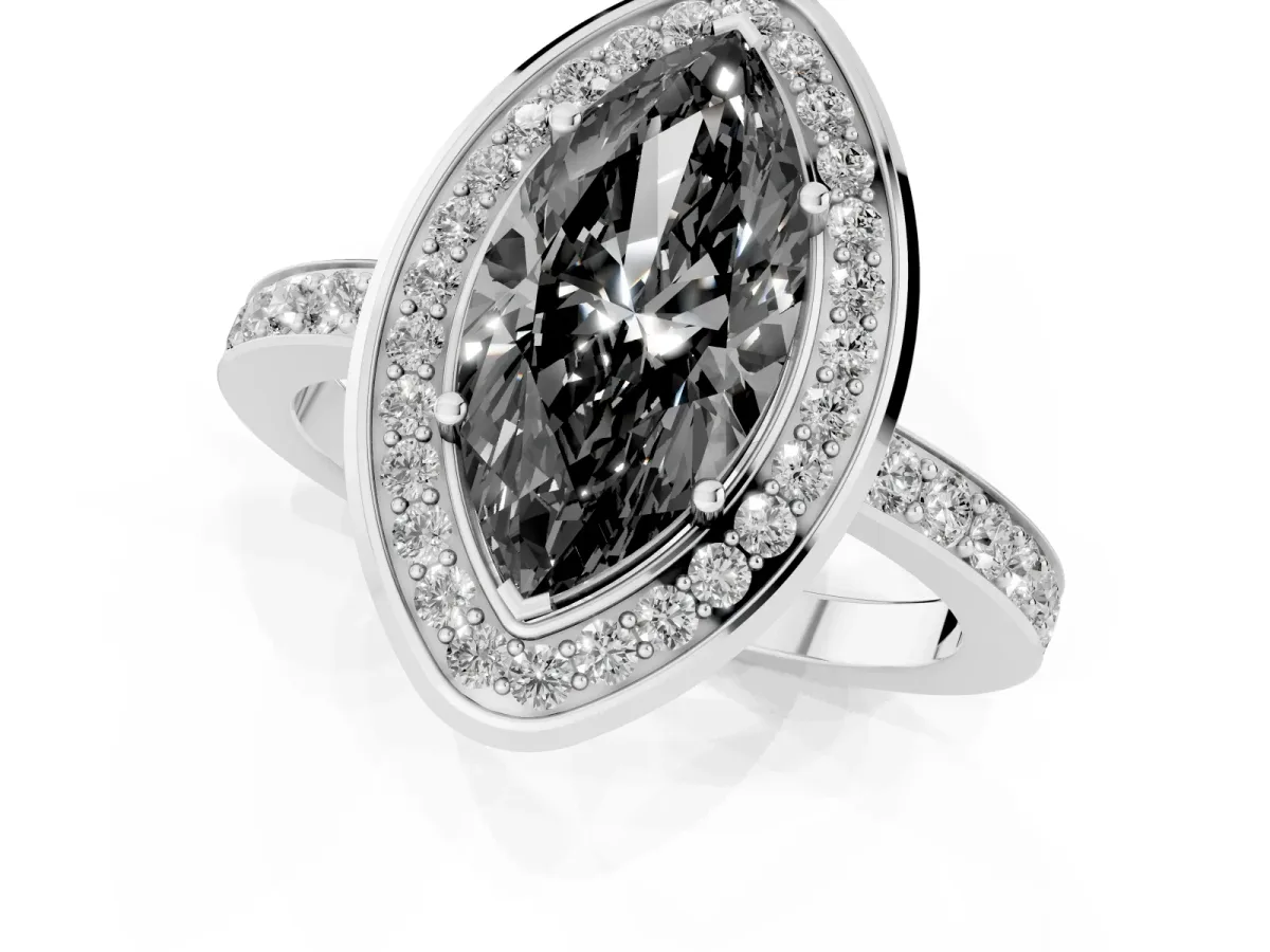 Fancy Black Marquise Cut Diamond Halo Ring with Bezel Frame and Pavé Band Silver