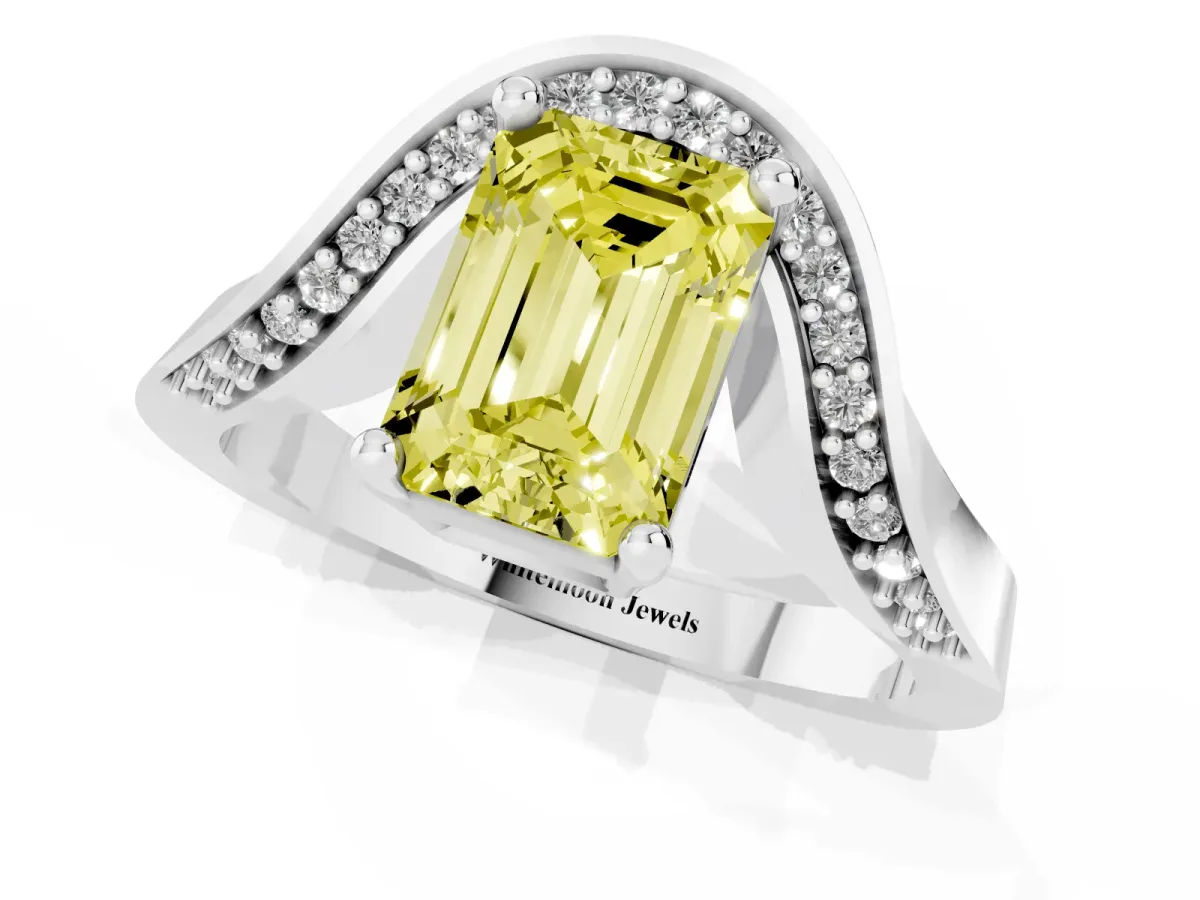 Fancy Yellow Emerald Cut Solitaire Diamond Engagement Ring with Pave Band and Four-Prong Setting White gold