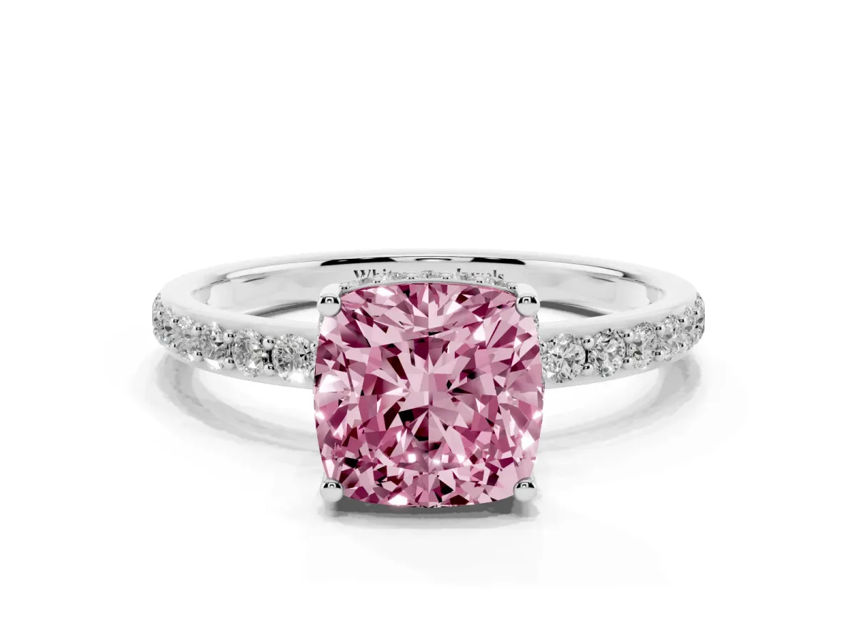 Fancy Pink Cushion Cut Diamond Solitaire Ring with Pavé Band and Hidden Halo White gold