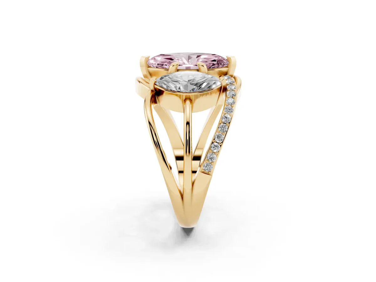 Fancy Pink Three-Stone Marquise Cut Cut Diamond Split Shank Prong Set Ring Yellow gold