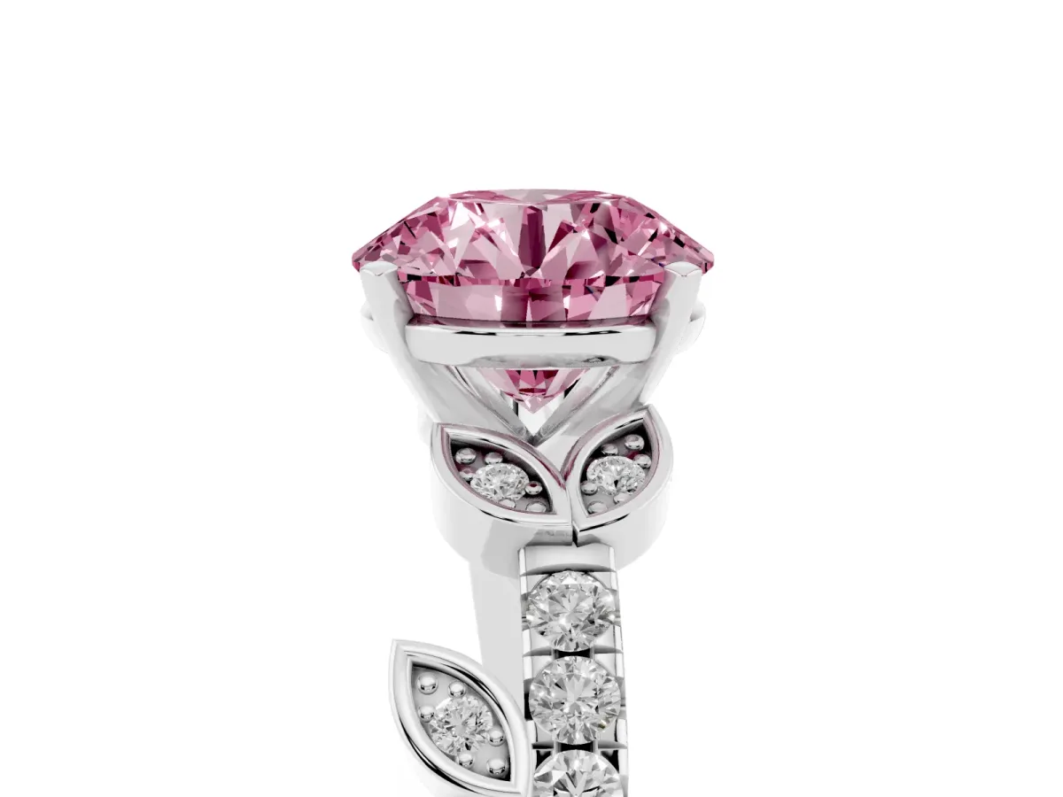 Fancy Pink Round Cut Solitaire Leaf-Inspired Diamond Ring with Pavé Band and Four-Prong Setting Silver