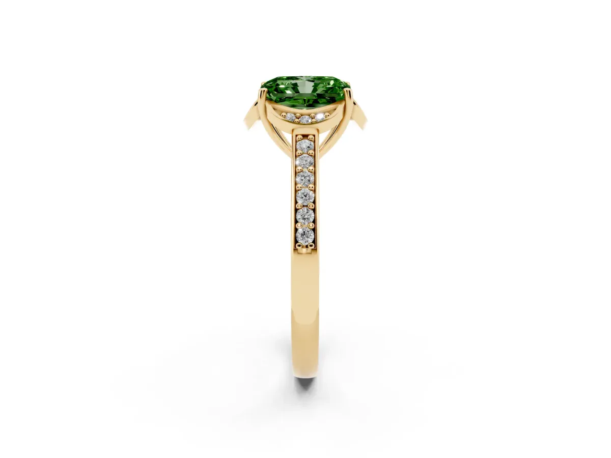 Fancy Green Radiant Cut Cut Halo Diamond Ring with Channel Set Band and Four-Prong Setting Yellow gold
