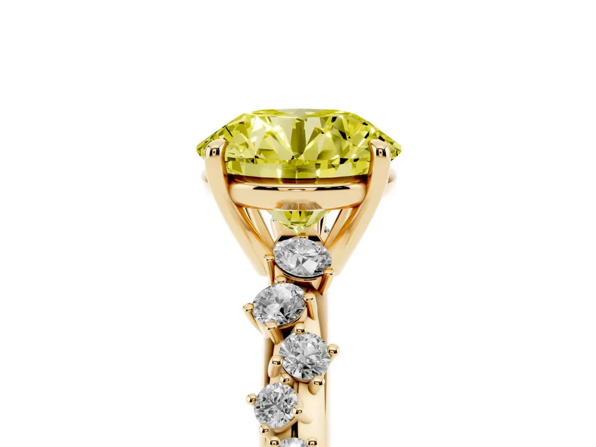 Fancy Yellow Round Cut Diamond Cluster Side Stone Solitaire Ring with Prong Setting Yellow gold