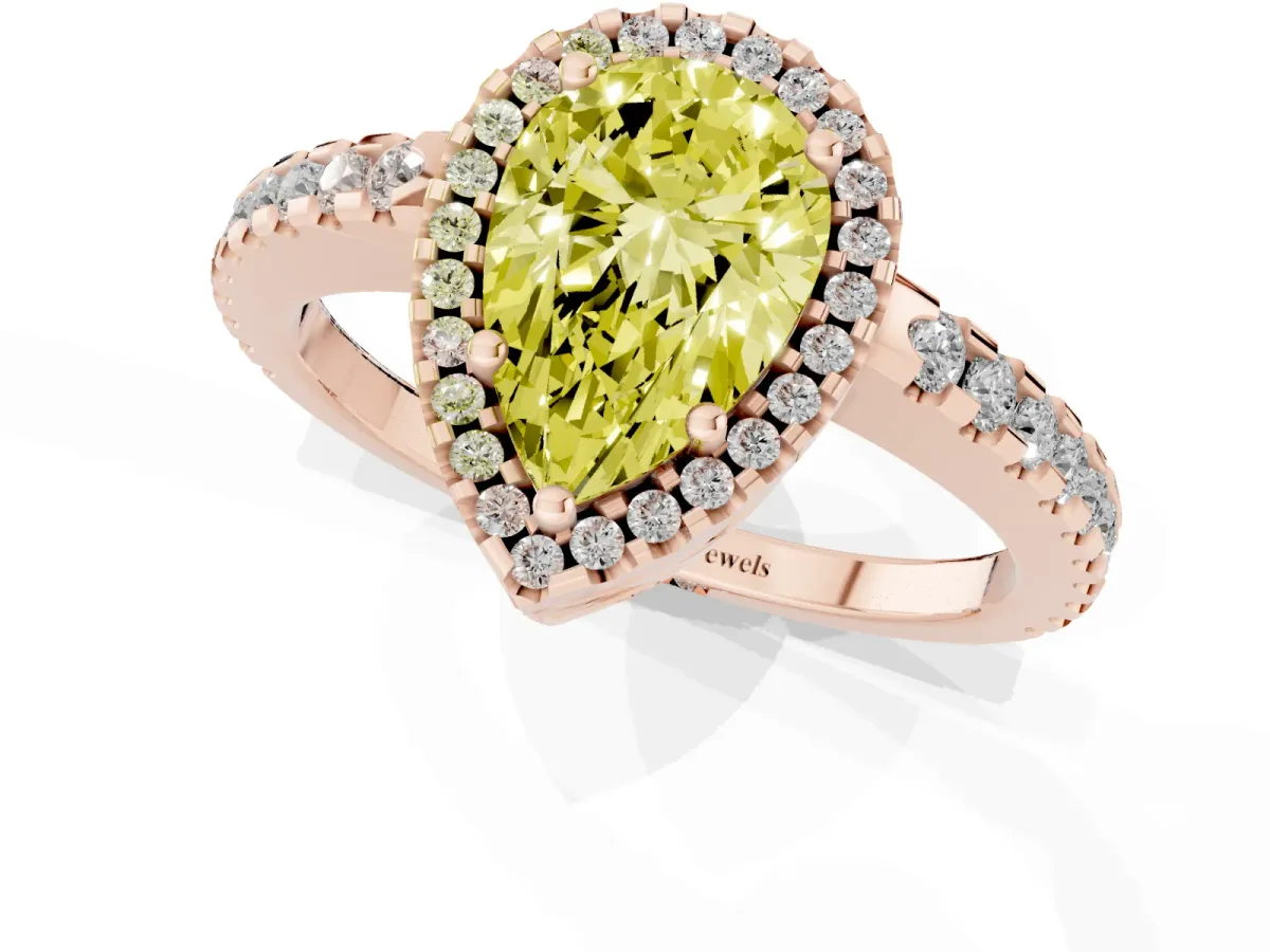 Fancy Yellow Pear Cut Diamond Halo Engagement Ring with Pavé Band and Prong Setting Rose gold