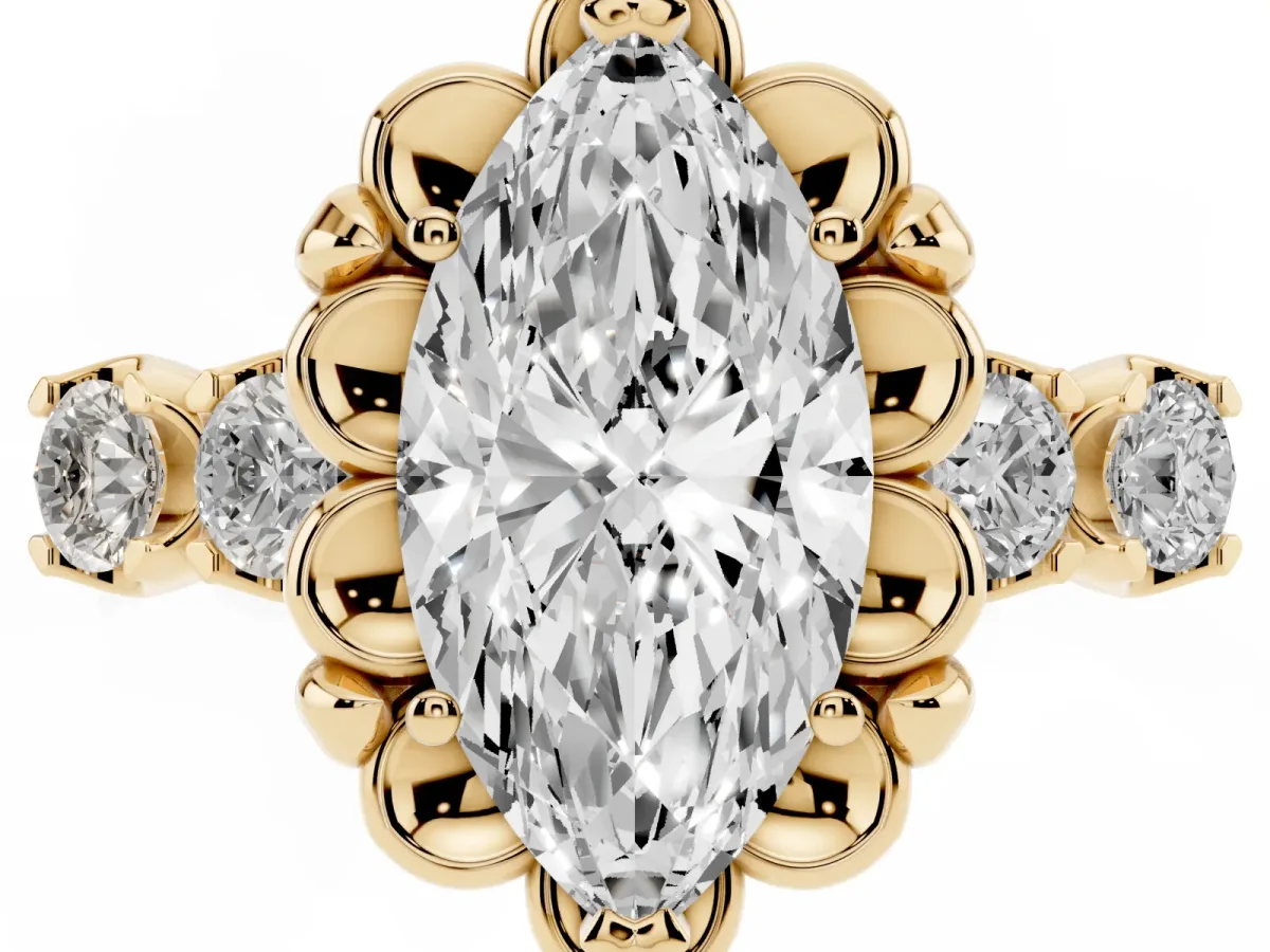 Marquise Cut Cut Diamond Floral Halo Engagement Ring with Shared Prong Setting Yellow gold