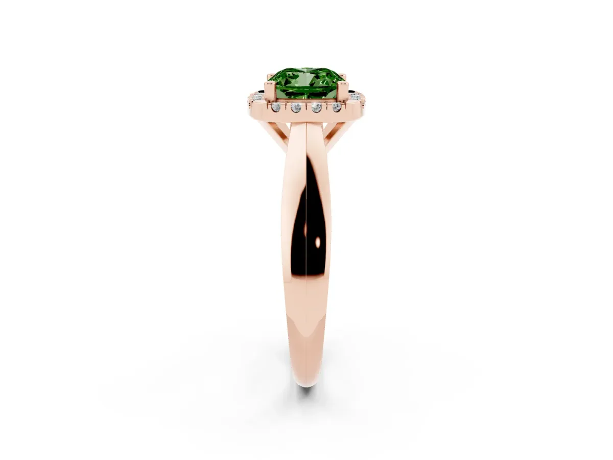 Fancy Green Cushion Cut Cut Halo Solitaire Engagement Ring with Square Band and Four-Prong Setting Rose gold